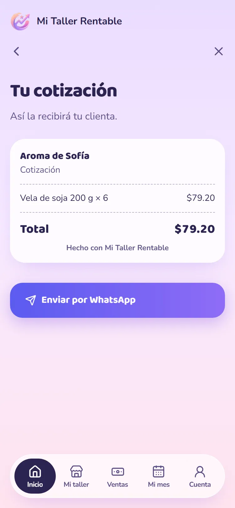 Captura de la app: cotización con tu nombre lista para enviar por WhatsApp