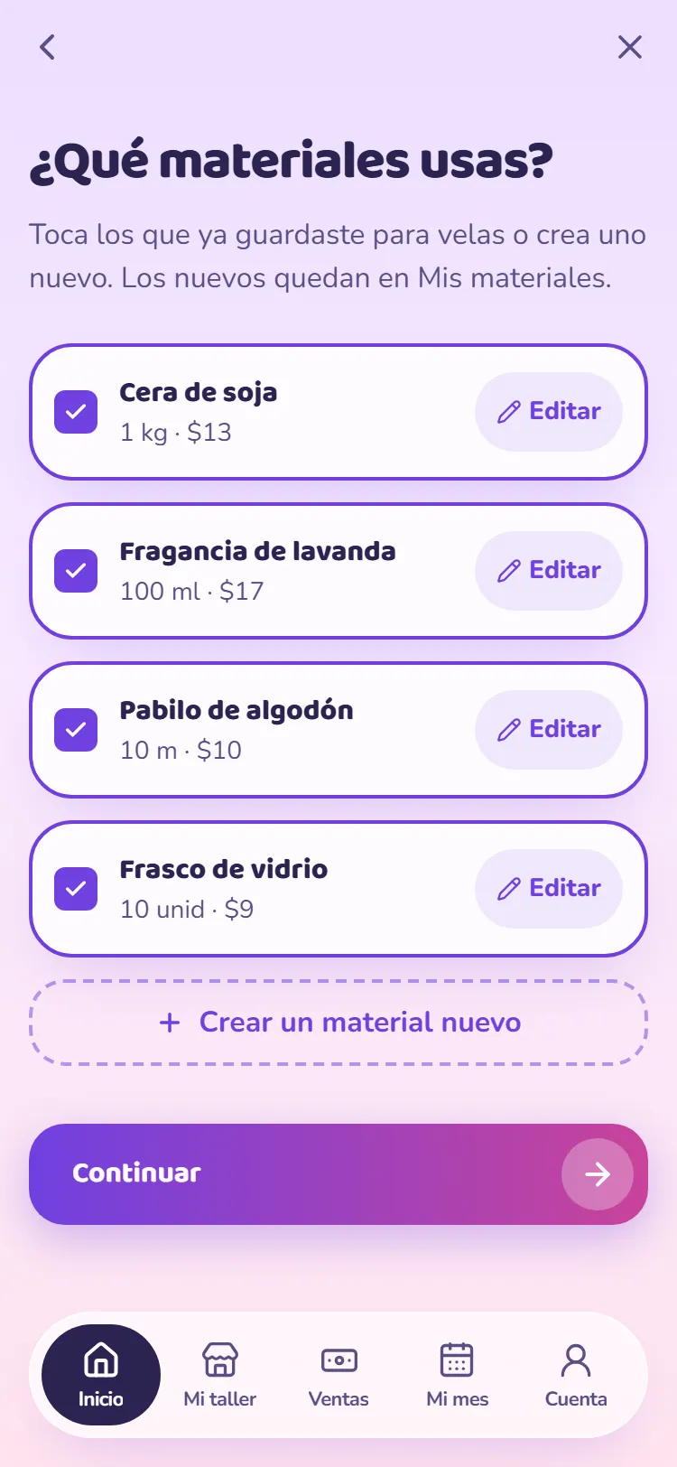 Captura de la app: lista de tus materiales con su cantidad comprada y su precio