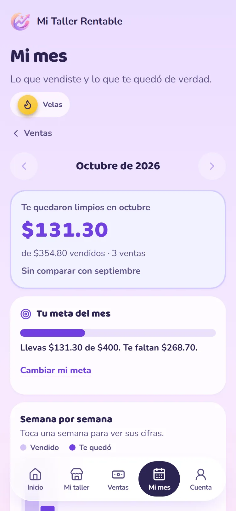 Captura de la app: Mi mes, con lo que vendiste, lo que te quedó limpio y tu meta