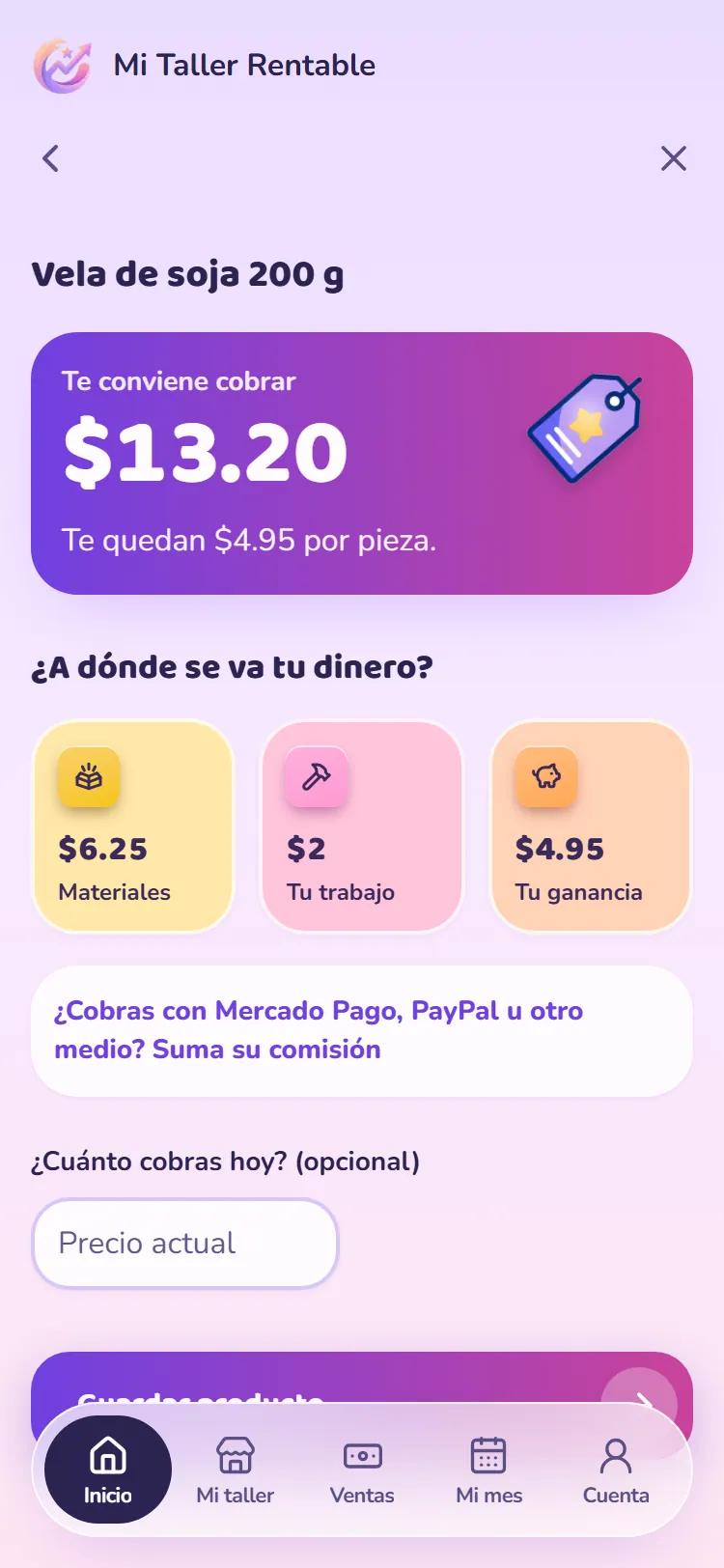 Captura de la app: el precio que te conviene cobrar y a dónde se va el dinero