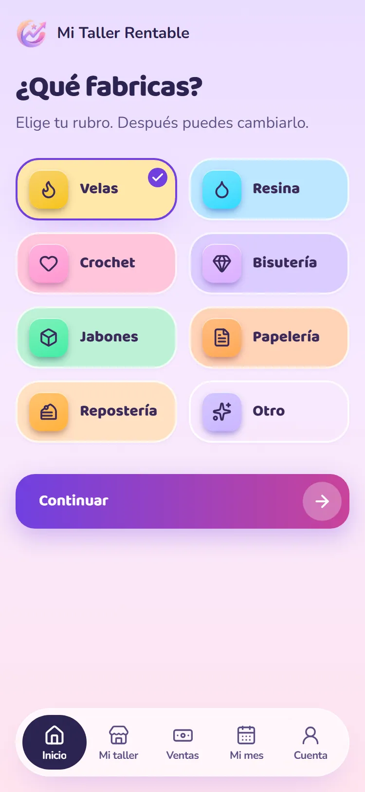 Captura de la app: pantalla donde eliges a qué te dedicas, con un color para cada rubro